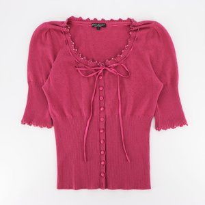 Vintage Betsey Johnson NY Pink Pin-Up Half Sleeve Ribbon Cardigan Sweater Size L